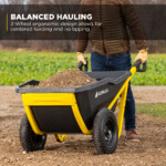 Gorilla Made yellow and black wheelbarrow with balanced hauling text overlay.