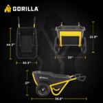 Gorilla wheelbarrow infographic with dimensions: 44.3 inches high, 30.3 inches wide, 59.8 inches long.