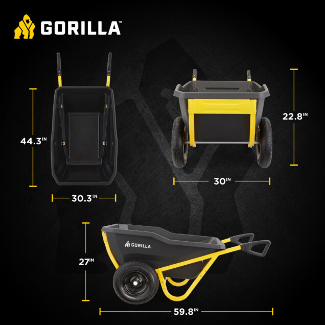 Gorilla wheelbarrow infographic with dimensions: 44.3 inches high, 30.3 inches wide, 59.8 inches long.