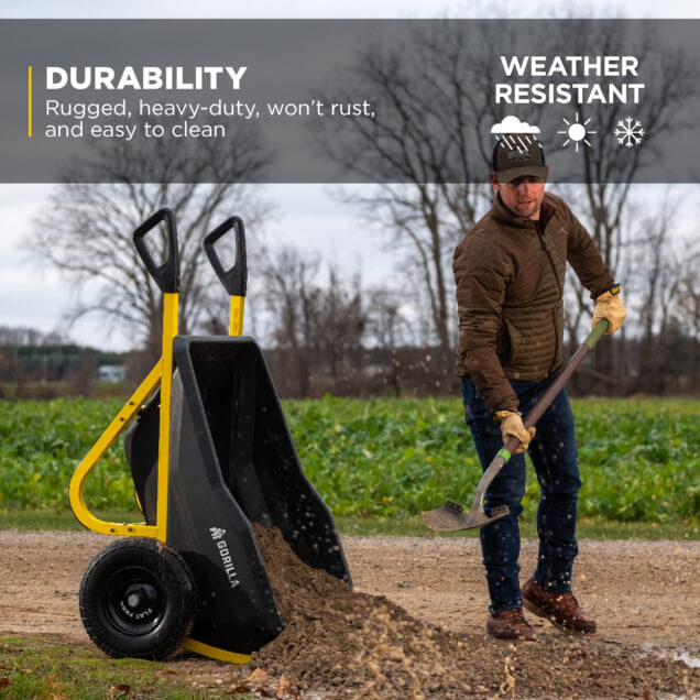 Gorilla Made hand truck in use, text: "Durability: Rugged, heavy-duty, won't rust, and easy to clean."