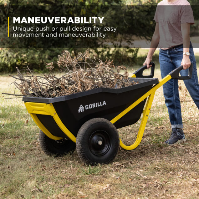 Gorilla Made cart with yellow handles, label visible, carrying dry branches. Text: MANEUVERABILITY.