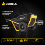 Gorilla cart infographic: impact resistant poly tub, ergonomic handles, 600 lbs max load.