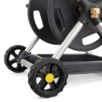 Close-up of a black Gorilla Made hose reel with silver frame and yellow center wheels.