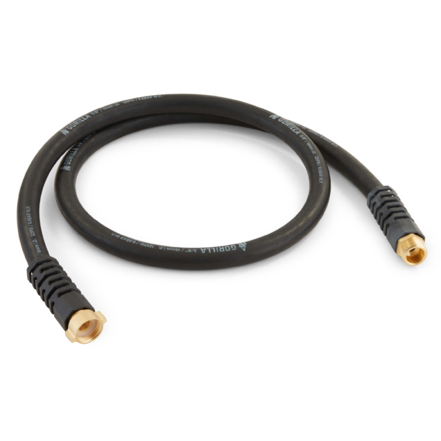 Black Gorilla Made hose with brass fittings, labeled "Gorilla."