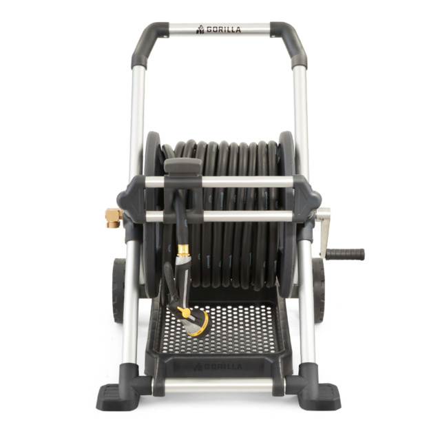 Heavy-duty hose reel by Gorilla Made, featuring a silver frame and black hose.