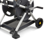 Gorilla Made hose reel with grey frame, black wheels, and perforated tray.