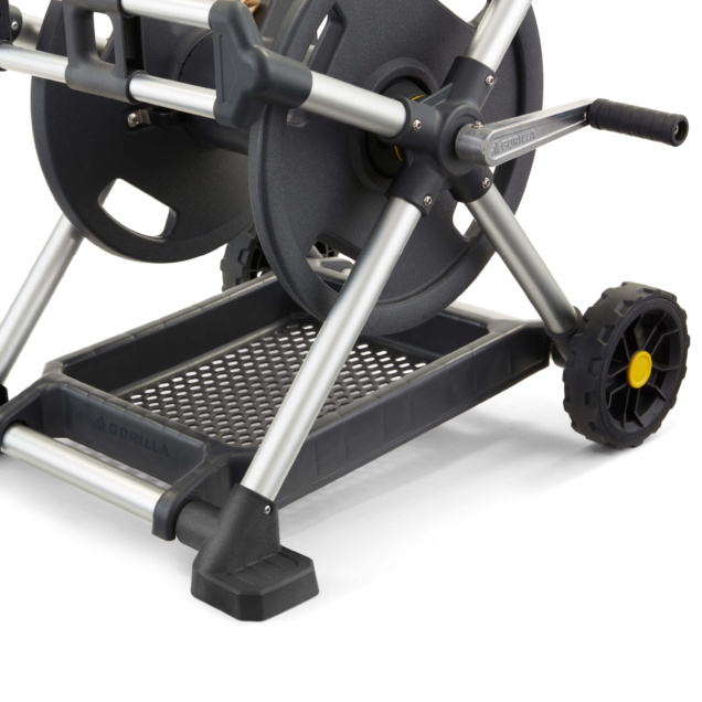 Gorilla Made hose reel with grey frame, black wheels, and perforated tray.