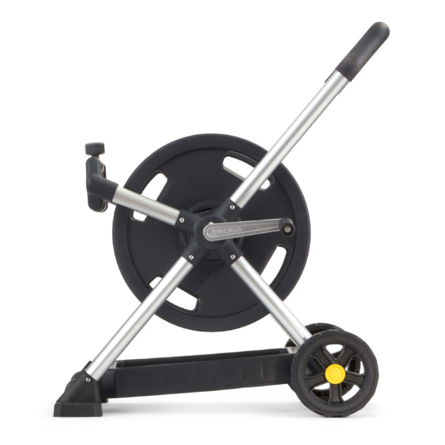 Black and silver Gorilla Made hose reel, sturdy design for utility use.