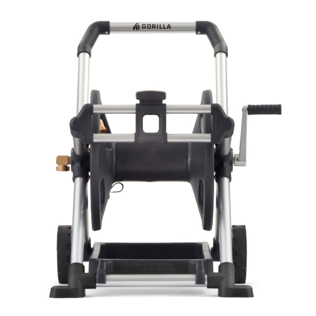 Gorilla Made heavy-duty hose reel, silver and black, with text "GORILLA" on handle.
