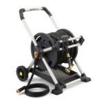Gorilla Made hose reel with black and silver frame, featuring a coiled black hose.