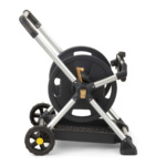 Gorilla Made heavy-duty hose reel with silver frame and black wheels.