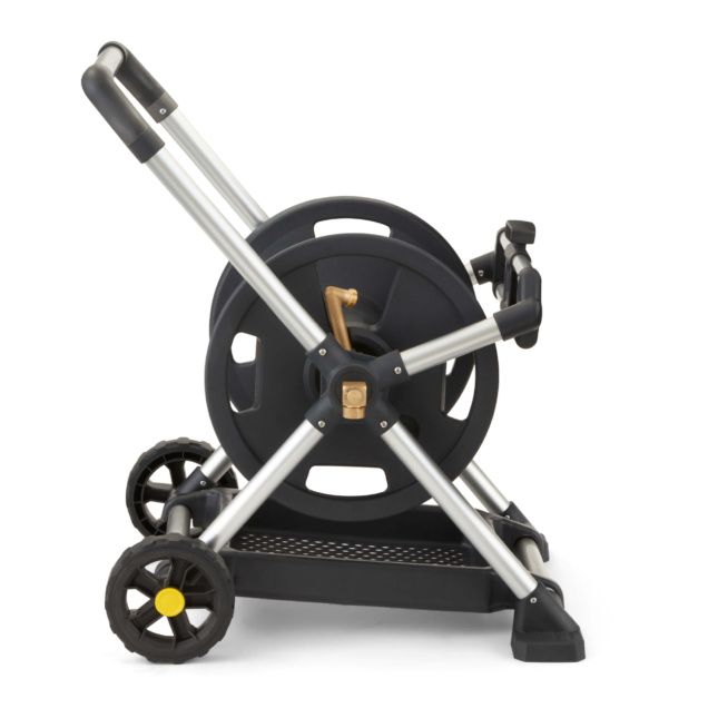 Gorilla Made heavy-duty hose reel with silver frame and black wheels.