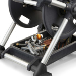 Gorilla Made hose reel with tools and gloves stored in black tray. Model GRM 200G.