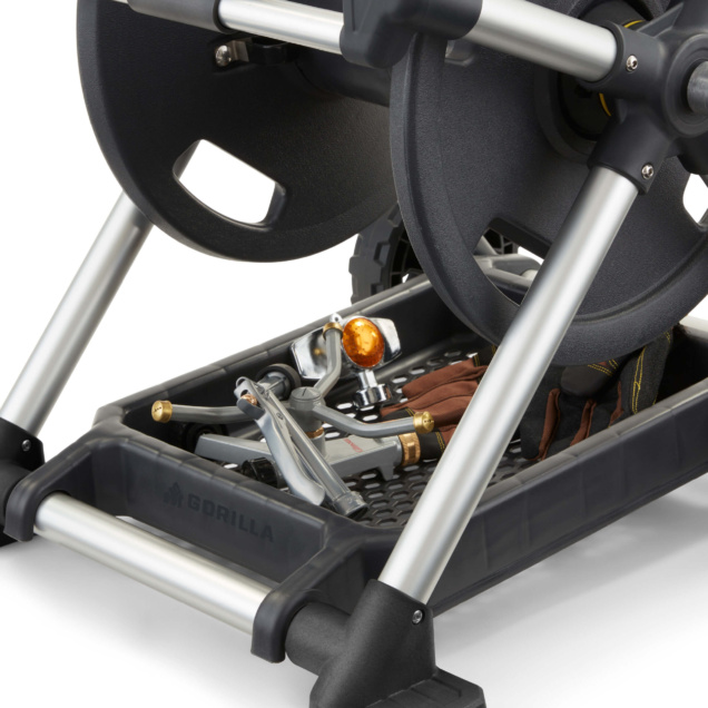 Gorilla Made hose reel with tools and gloves stored in black tray. Model GRM 200G.
