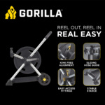 GORILLA hose reel with silver frame, black reel. Text: "REEL OUT, REEL IN REAL EASY."
