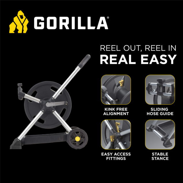 GORILLA hose reel with silver frame, black reel. Text: "REEL OUT, REEL IN REAL EASY."