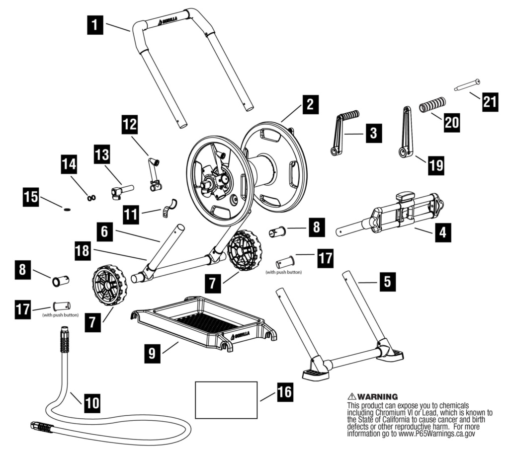 Exploded view drawing of Gorilla Made utility product components; includes wheels, frame, and hose. Warning: This product can expose you... www.P65Warnings.ca.gov