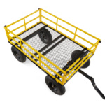 Yellow utility cart with metal mesh base and black wheels, marked "Gorilla Made".