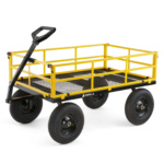 Yellow and black Gorilla Made utility cart with mesh bottom and sturdy wheels.