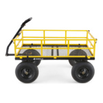 Yellow utility cart by Gorilla Made with black wheels and handle.