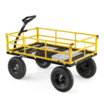 Yellow industrial cart with mesh base and black wheels, labeled "Gorilla."