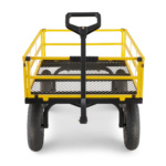 Yellow and black heavy-duty utility cart with mesh base, featuring large wheels.