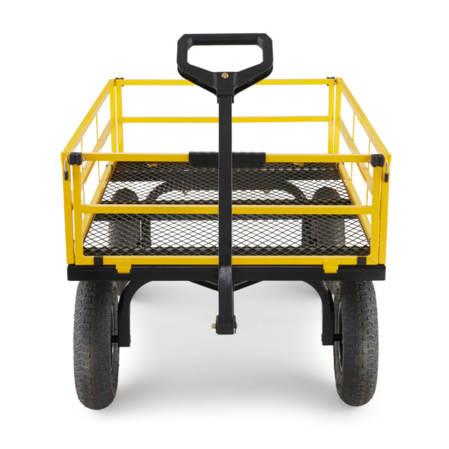 Yellow and black heavy-duty utility cart with mesh base, featuring large wheels.