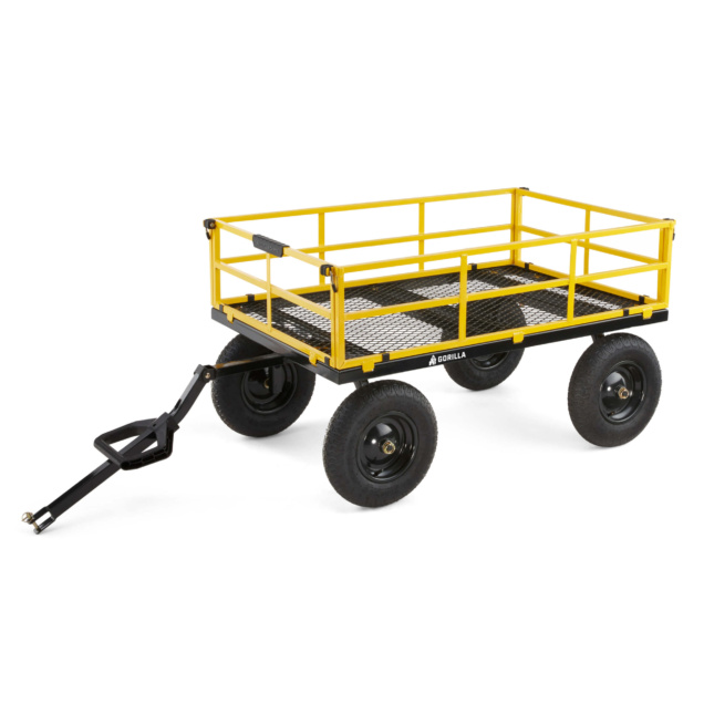 Yellow and black Gorilla Made utility cart with mesh base and four wheels.