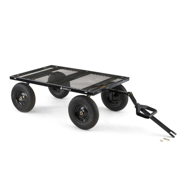 Black metal utility cart with mesh surface and four heavy-duty wheels, "GORILLA" logo.