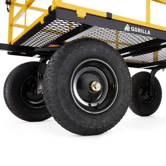 Gorilla Cart with yellow frame, black mesh surface, and sturdy black wheels.