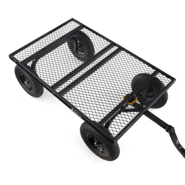 Black metal utility cart with mesh design and four wheels, Gorilla Made logo visible.