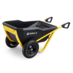 Gorilla Made wheelbarrow, black tub with yellow frame, dual wheels.