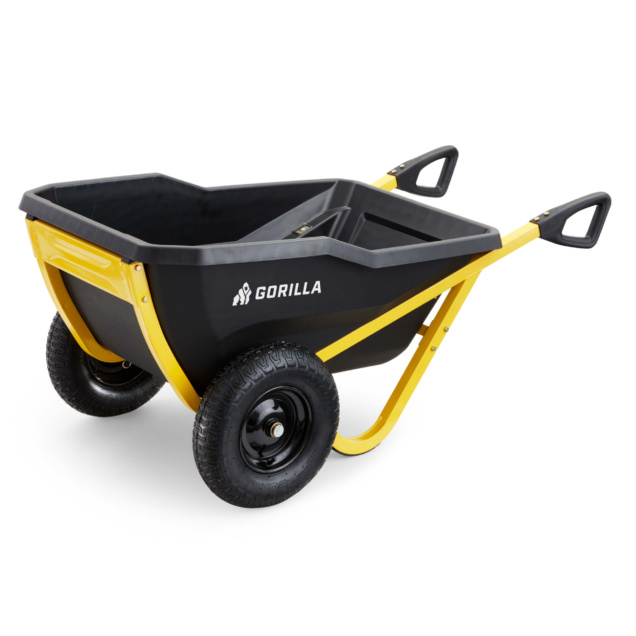 Gorilla Made wheelbarrow, black tub with yellow frame, dual wheels.