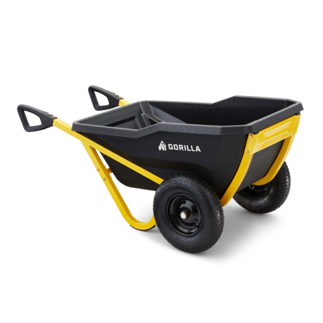 Heavy-duty Gorilla wheelbarrow with black tray, yellow frame, and two wheels.