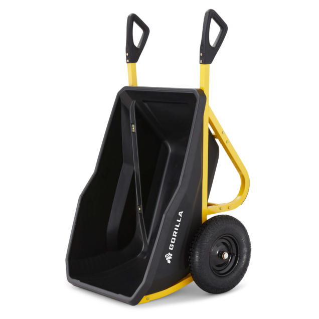Yellow and black Gorilla Made hand truck with sturdy wheels and handles.