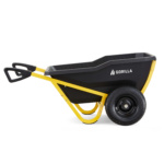 Black and yellow Gorilla Made wheelbarrow with a sturdy design and two wheels.