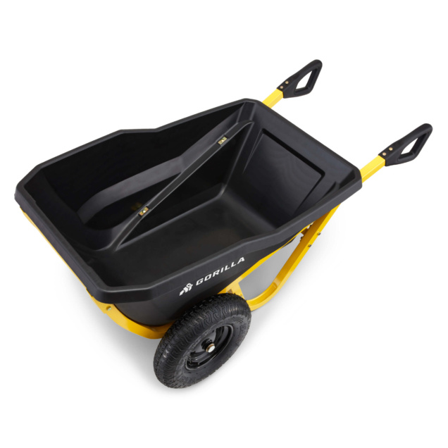 Black and yellow Gorilla Made wheelbarrow with durable design for outdoor tasks.