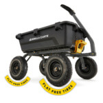 Gorilla Carts utility cart with black flat-free tires. Text: "FLAT FREE TIRES".