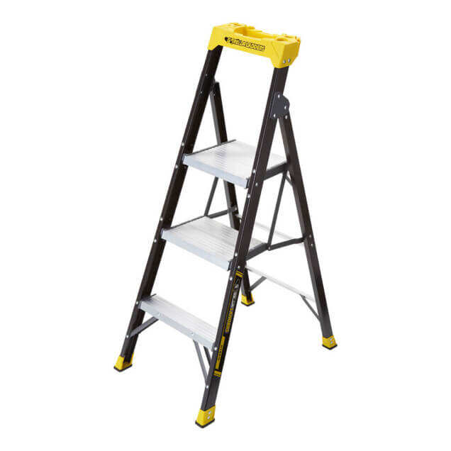 Black and silver ladder with yellow top, labeled "Gorilla Ladders".