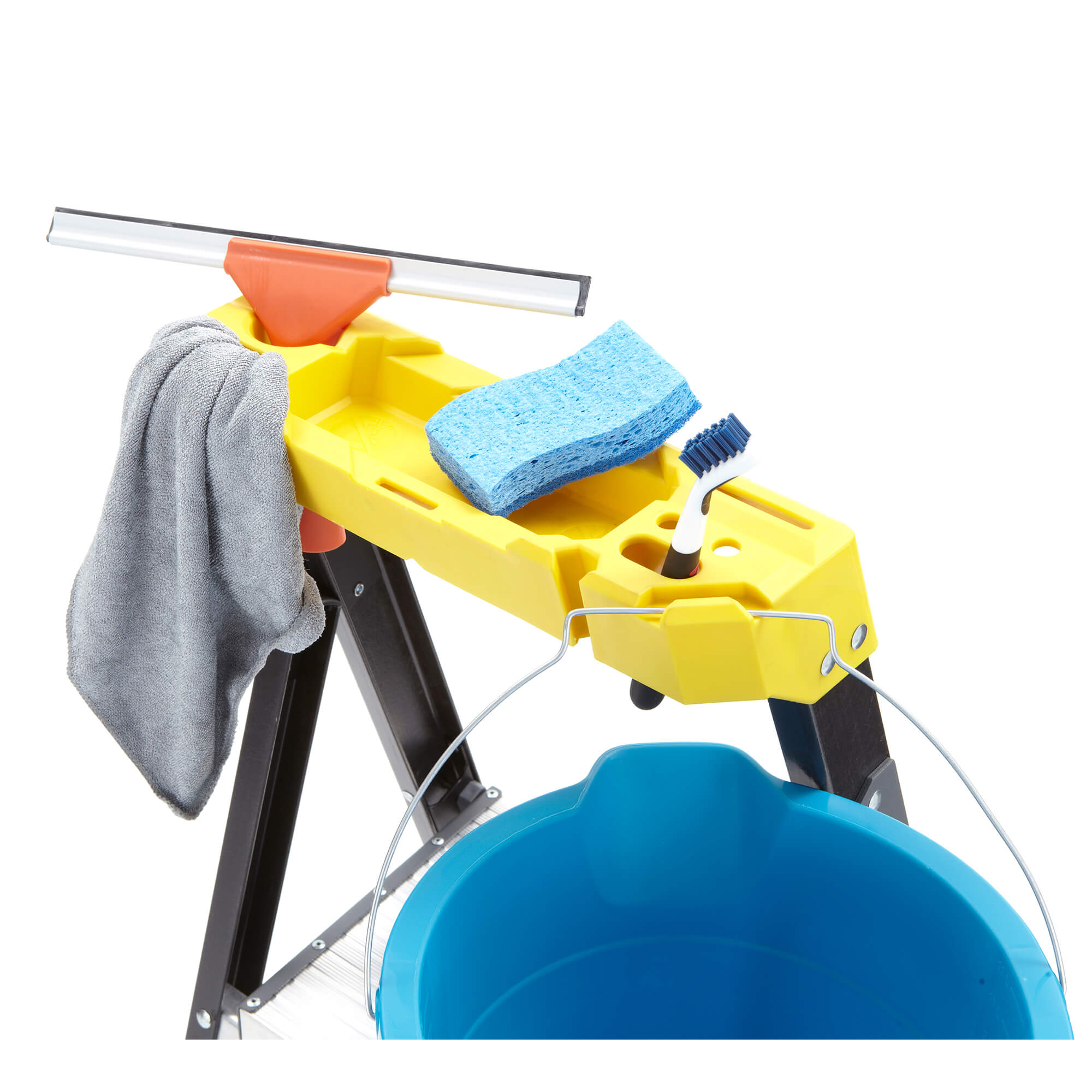 Yellow utility ladder top with cleaning tools; gray cloth, blue sponge, and blue bucket.