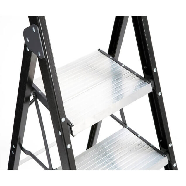 Black ladder with silver platform top step, suitable for utility tasks.