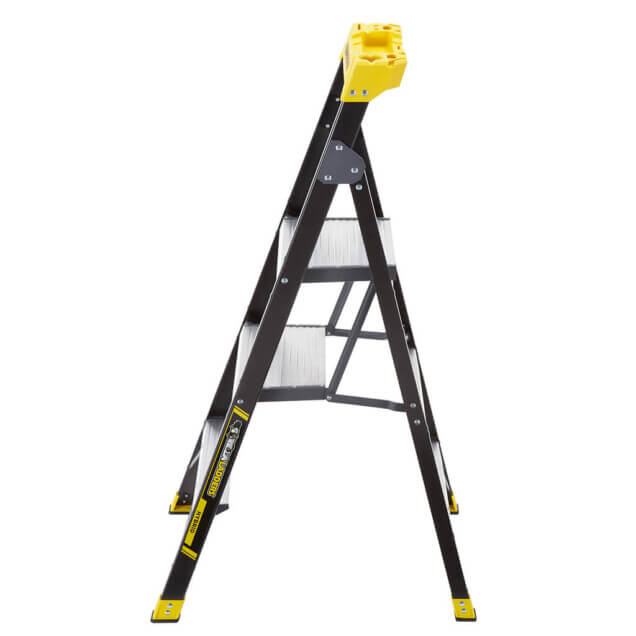 Black and yellow Gorilla Made ladder, side view; "GLF 4X" text on frame.