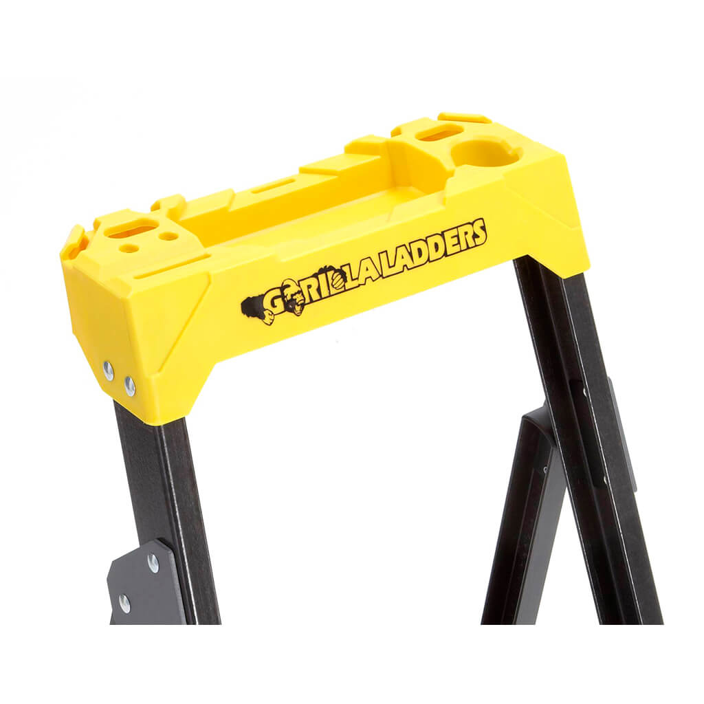 Yellow Gorilla Ladders tray top with black legs, for strength and performance.