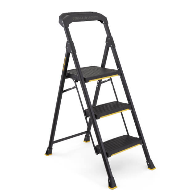 Black Gorilla Ladder with yellow accents, three steps, and "GORILLA LADDERS" text on top.