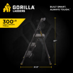 Gorilla Ladders GLHD infographic with dimensions: 47 inches high, 31.9 inches wide. Load capacity: 300 lb.