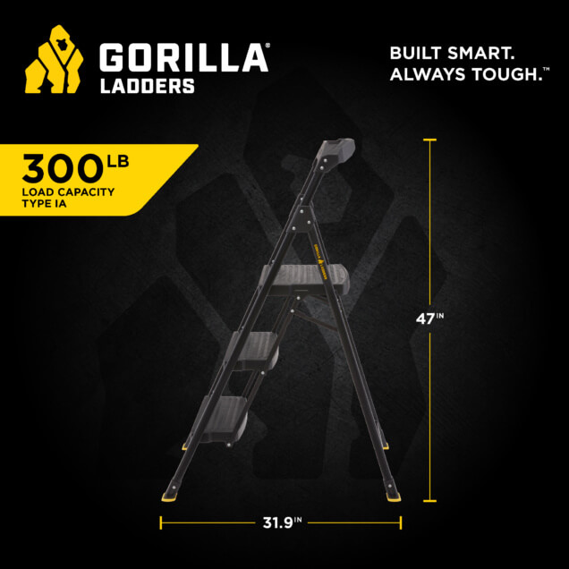 Gorilla Ladders GLHD infographic with dimensions: 47 inches high, 31.9 inches wide. Load capacity: 300 lb.