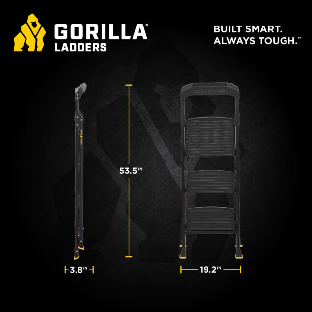 Gorilla Ladders logo with ladder dimensions: 53.5 inches high, 3.8 inches wide, 19.2 inches deep. Built Smart. Always Tough.