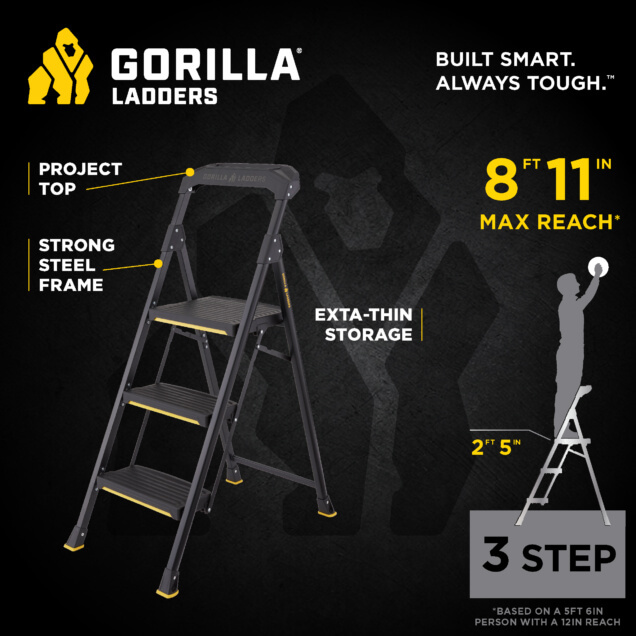 Gorilla Ladders infographic: 3-step ladder, strong steel frame, 8 ft 11 in max reach.