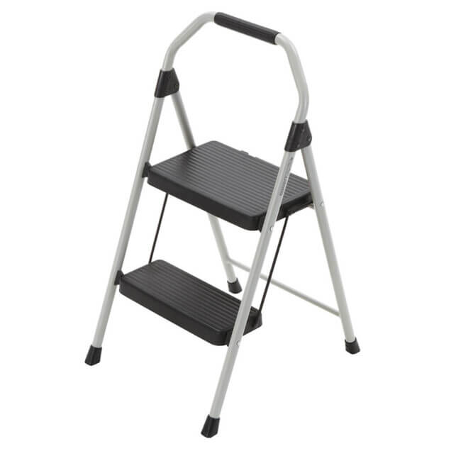 Silver and black two-step ladder from Gorilla Made, designed for strength and safety.