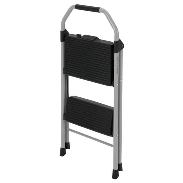 Folded Gorilla Ladders step stool with silver frame and black steps, featuring "Gorilla Ladders" logo.